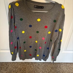 Gray Sweater with Colorful Polka Dots